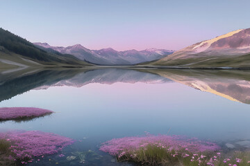 The lake reflects a pastel sky bathed in soft pinks and sapphires.