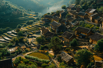 Wall Mural - A camera shot from above of a historical village in a mountain valley. The houses have traditional architecture with stone walls and thatched roofs, surrounded by terraced fields and ancient pathways 