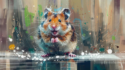 Wall Mural -   A painting of a brown and white hamster with its mouth open and tongue out