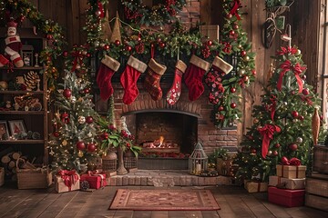 Wall Mural - Fireplace Room Christmas Digital Backdrop tree stockings presents christmas tree cozy photography background props studio overlay new year