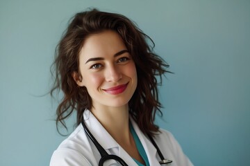 Poster - A woman in white coat with a stethoscope.