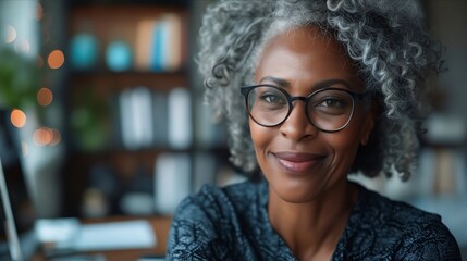 A smiling woman with glasses and a computer.