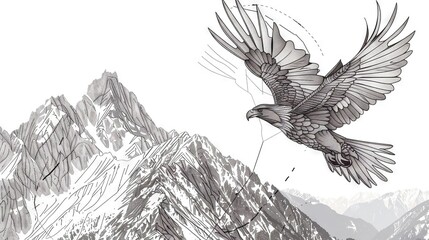 Sticker -   A monochrome sketch of a feathered creature soaring past a peak with a kite in its beak