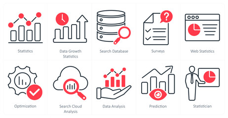 Sticker - A set of 10 statistics icons as statistics, data growth statistics, search database