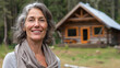 © Keitma - Portrait of a happy mature female in a nature retreat for a weekend , caucasian woman in front of her forest cabin cottage house