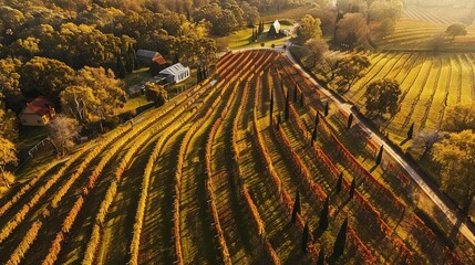 Sticker -   An aerial view of a farm with a train on the tracks in the foreground and a house in the background