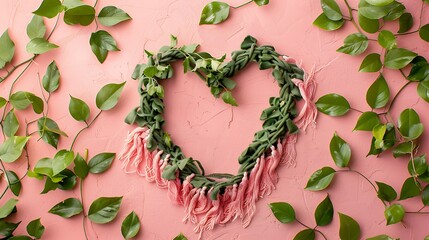 Poster - Heart symbol made of tassel fabric and leaves on flat lay background