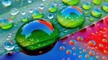 Sticker -   A cluster of water droplets perched atop a multicolored sheet of paper featuring water stains