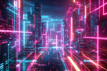 Poster - Futuristic digital cityscape with vibrant neon lights and dynamic data flow lines, simulating a high-tech environment. AI