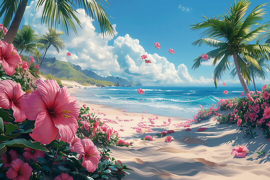 Beach with palm trees and pink flowers