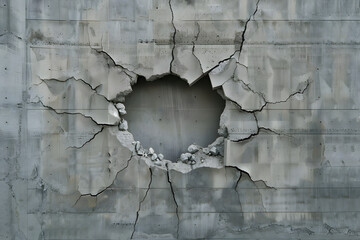 Wall Mural - A realistic image of a large, jagged hole breaking through a gray concrete wall. AI