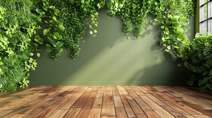 Wall Mural - Plants wall and parquet floor green background