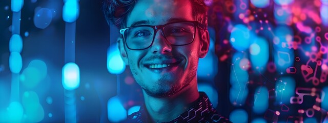 Wall Mural - Smiling Young Artificial Intelligence Engineer Working on Colorful Digital Background