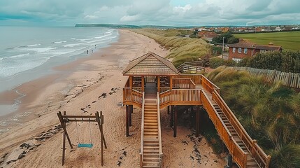 Sticker -   Wooden structure perched atop sandy shore, adjacent to water, includes life guard tower