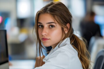 Wall Mural - A young woman in a white shirt sitting at a desk.