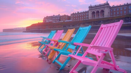 Wall Mural -   A colorful row of beach chairs rests atop golden sand near the tranquil ocean, framed by an enchanting sunset