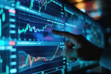 a detailed financial graph on a computer screen, with a financier's hand pointing out key data point