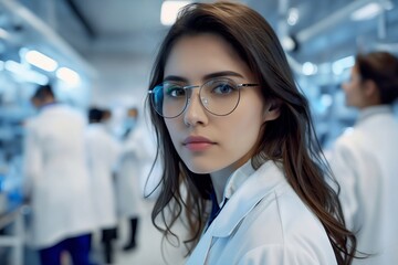 Poster - A woman in lab coat with glasses looking at the camera.