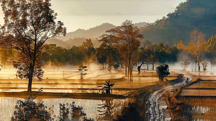 Sticker -  Rice Field with Trees in Foreground, Fog in Background, Pond in Foreground