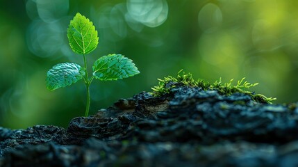 Wall Mural -   Small green plant growing from ground crack, surrounded by blurred tree background
