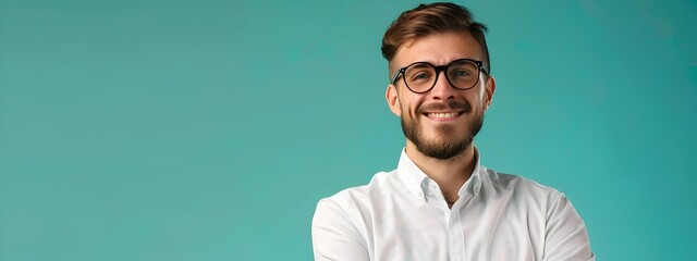 Wall Mural - Smiling Young Executive in Casual Office Attire Exuding Confidence and Success