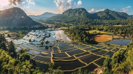 Sticker -   A bird's eye view of a rice field in a valley with mountains in the background