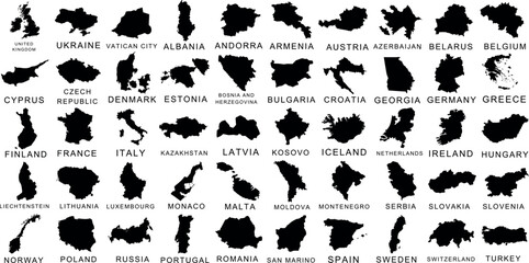 Wall Mural - Europe country map silhouettes vector illustrations. Perfect for educational materials, design projects, travel guides, and infographics. detailed, versatile map vector