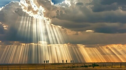 Sticker -   A group of people standing on top of a lush green field beneath a cloud of sunbeams