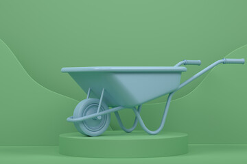 Wall Mural - Garden wheelbarrow with garden tools on cylinder podium with step on monochrome