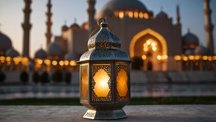 An Islamic lantern with a blurred mosque in the background for Al Fitr and Adha eid