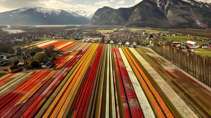 Sticker -   An aerial view of a field of flowers with a village in the distance and snow-capped mountains