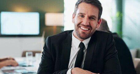 Poster - Happy, businessman and meeting with career ambition for planning, workflow or conference at office. Portrait of young man or employee with smile for teamwork, discussion or collaboration at workplace