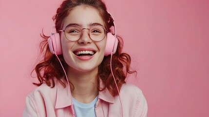 Upbeat Virtual Assistant Smiles Confidently with Pink Headphones