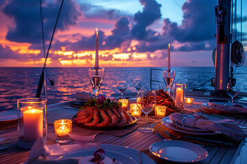 Wall Mural - A luxurious candlelight dinner on a private yacht, with a table set with elegant tableware, candles in hurricane lamps, a gourmet seafood tower, and a backdrop of the open ocean at sunset