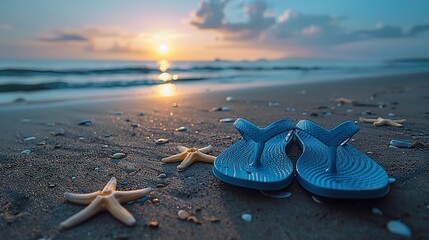 Wall Mural -   A pair of blue flip-flops rests on a sandy beach beside a cluster of starfish