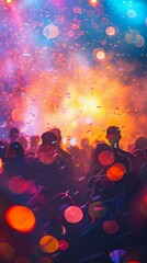 Capture the essence of a music festival through a rear view perspective Show a crowd in motion, vibrant and alive Use dynamic colors to evoke the energy of the event