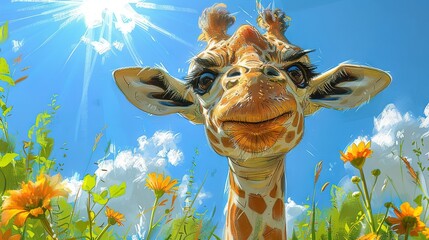 Sticker -   A close-up of a giraffe's face surrounded by vibrant flowers against a backdrop of clear blue sky