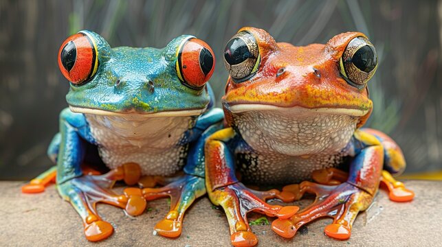   A pair of vibrant frogs perched on a cement block beside a wooden fence