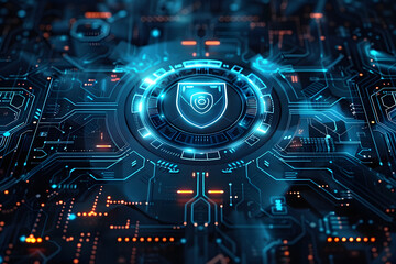 Poster - Futuristic blue cyber security concept with a shield symbol centered on a digital interface. AI