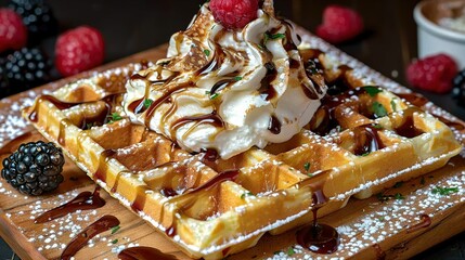 Poster -   A waffle topped with whipped cream and raspberries on a cutting board beside a cup of coffee