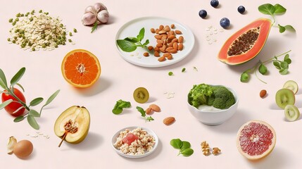 Sticker -   A table topped with fruits and vegetables, a bowl of nuts, and a plate of broccoli and an orange