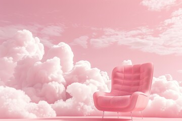 Wall Mural - A pink and white surreal, soft and dreamy, landscape with a pink chair in the center and two pink trees with a bunch of clouds on either side of the chair, on cloudy sky.