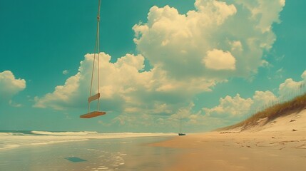 Canvas Print -   A swing dangles on the seashore beside the ocean, framed by a clear blue sky and fluffy white clouds