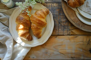 Wall Mural - Homemade croissants on plates on a wooden table.