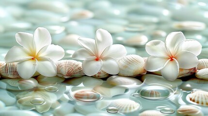 Poster -   A cluster of white blooms atop a mound of shells above a watery expanse