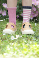 Kid wears different pair of socks. Child foots in mismatched socks standing outdoor.  Down syndrome awareness concept, odd socks day, anti-bullying week.