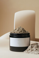 A product shot of a mushroom supplement powder in a tub with a blank label AI