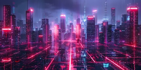 Poster - Luminous Cityscape A Futuristic Metropolis Aglow with Neon Lights and Technological Brilliance