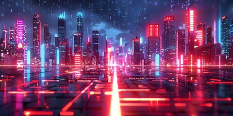 Poster - futuristic smart city with vibrant neon lights and iot infrastructure in the nighttime cityscape