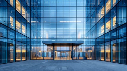 Wall Mural - Evening view of a modern office building's glass facade beautifully illuminated showcasing architectural symmetry and design. Generative Ai